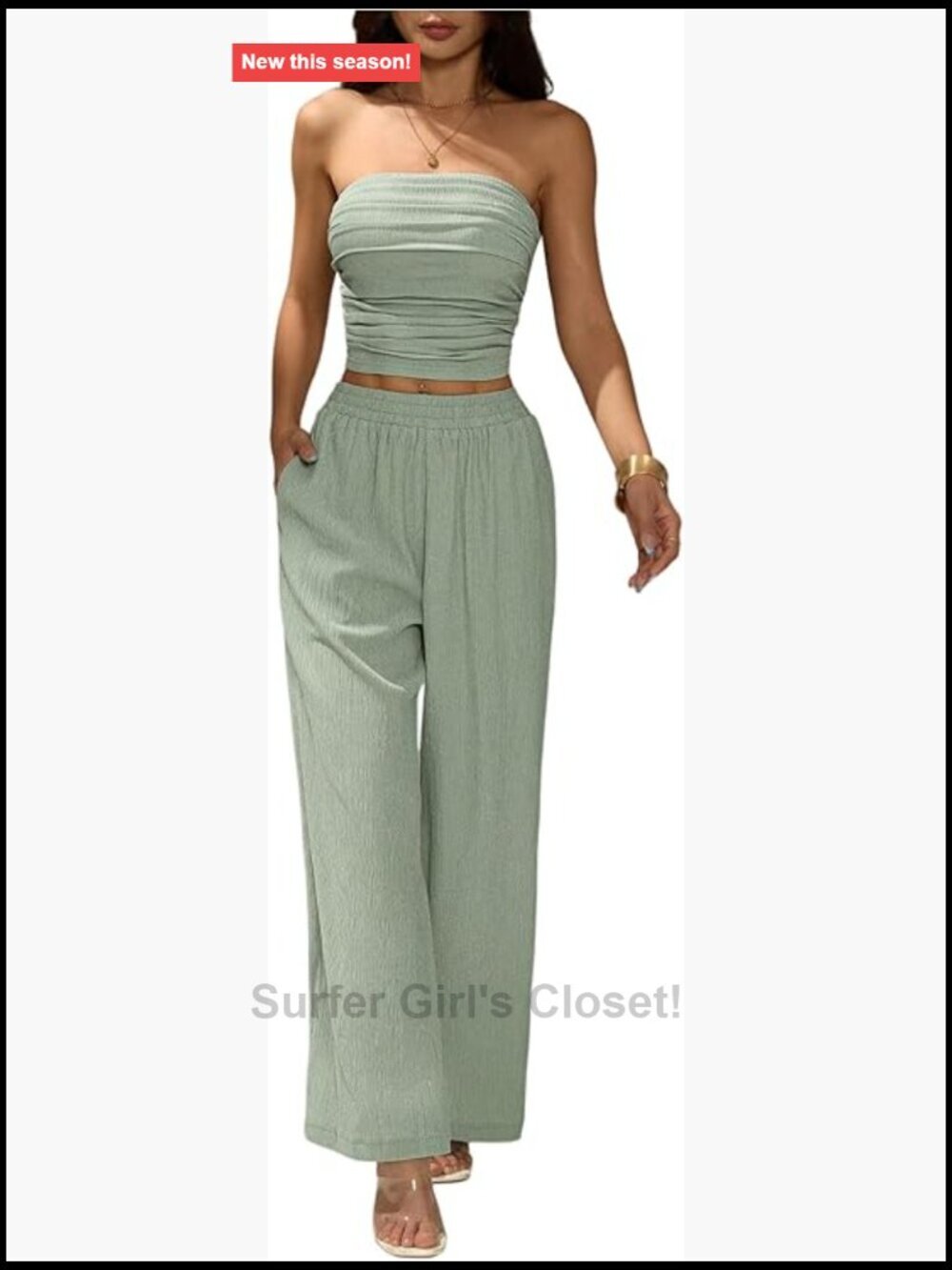 Women's 2 Piece Outfit - Ruched Crop Tube Top Wide Leg Pants Set